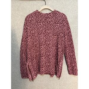 T by Talbots Leopard Print Zip Hem Sweater Women's Large Petite Pink Cotton